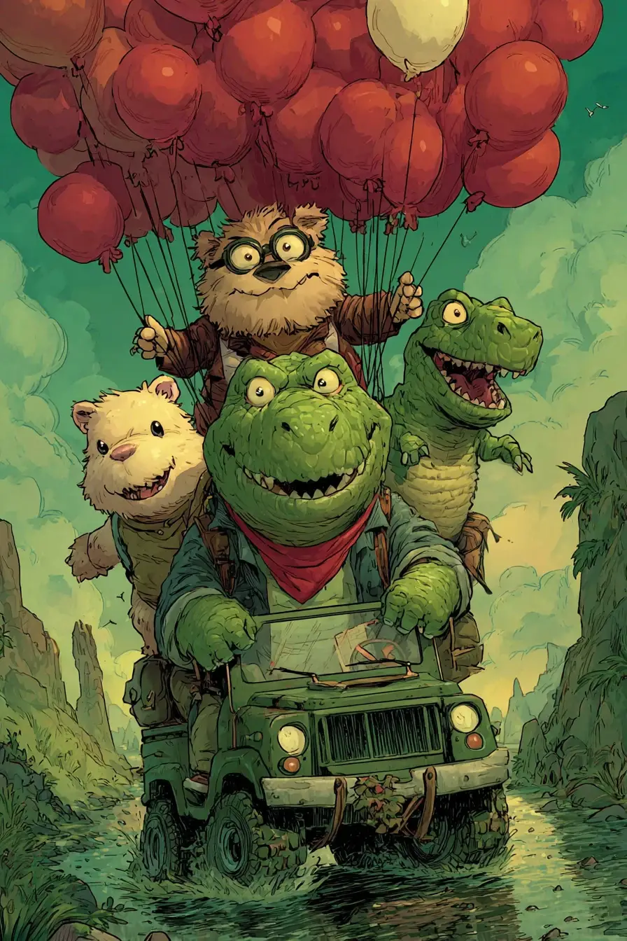 Alligator Driving A Jeep On A Balloon Filled Road