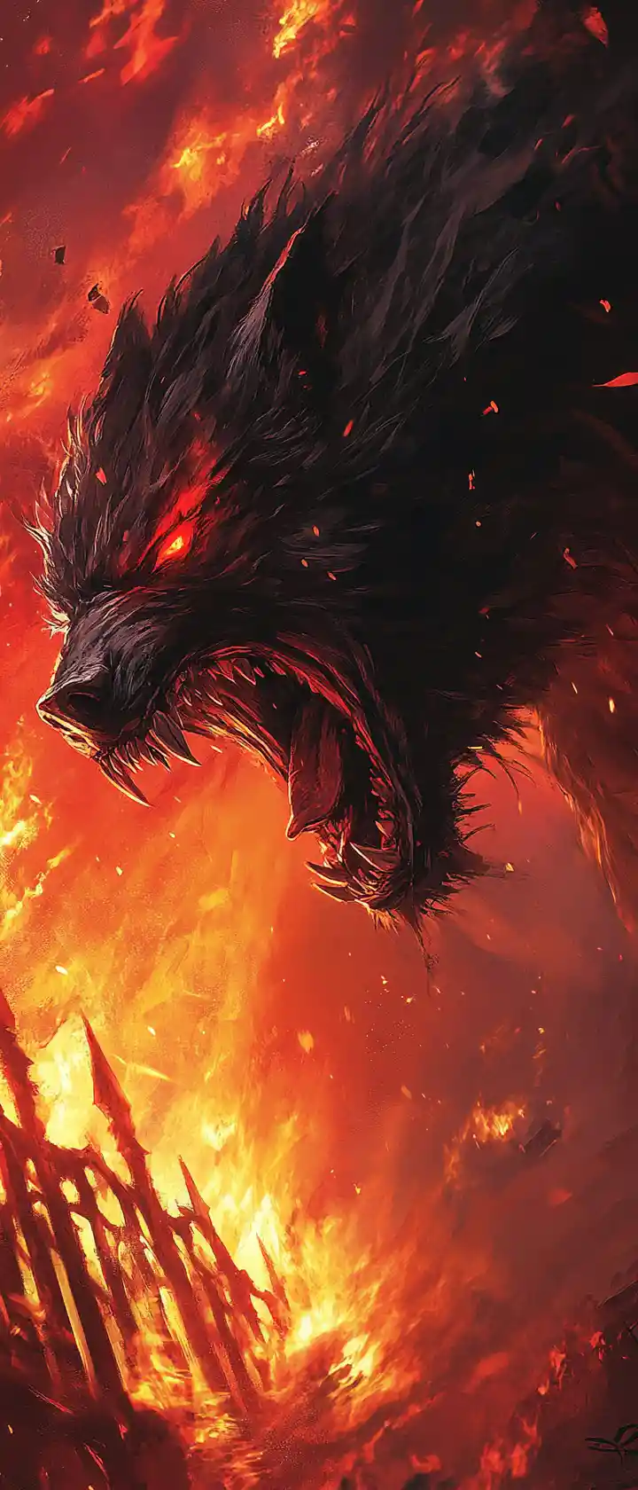 War beast attacking a burning desert fortress at dawn