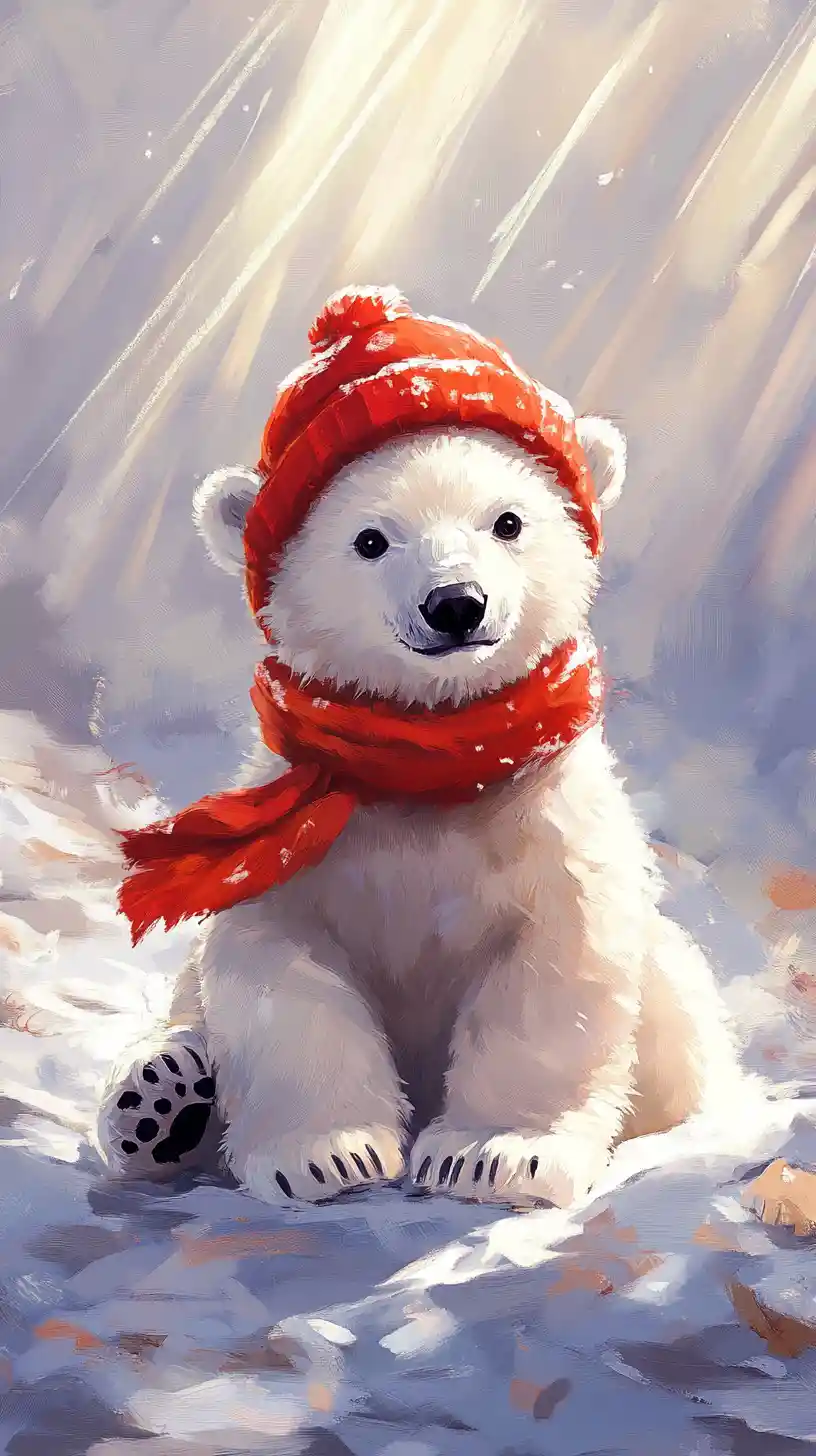 Cute polar bear cub in red winter clothes