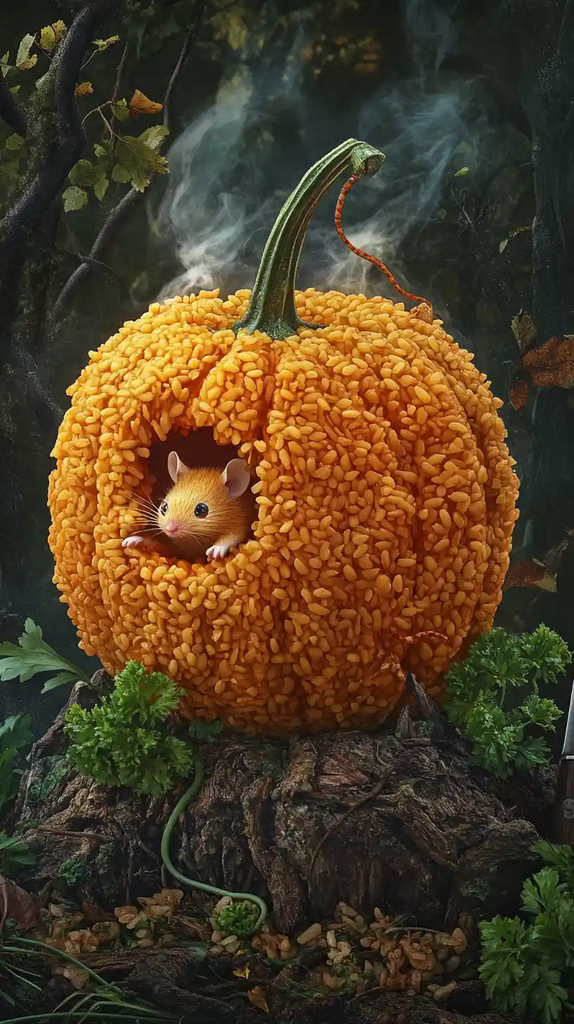 Steaming Rice Pumpkin With Mouse On Forest Tree Root