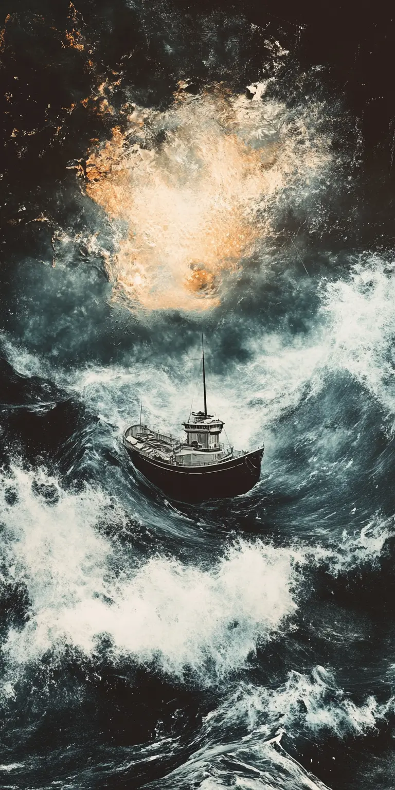 Minimalist ship battling waves on a stormy surreal sea
