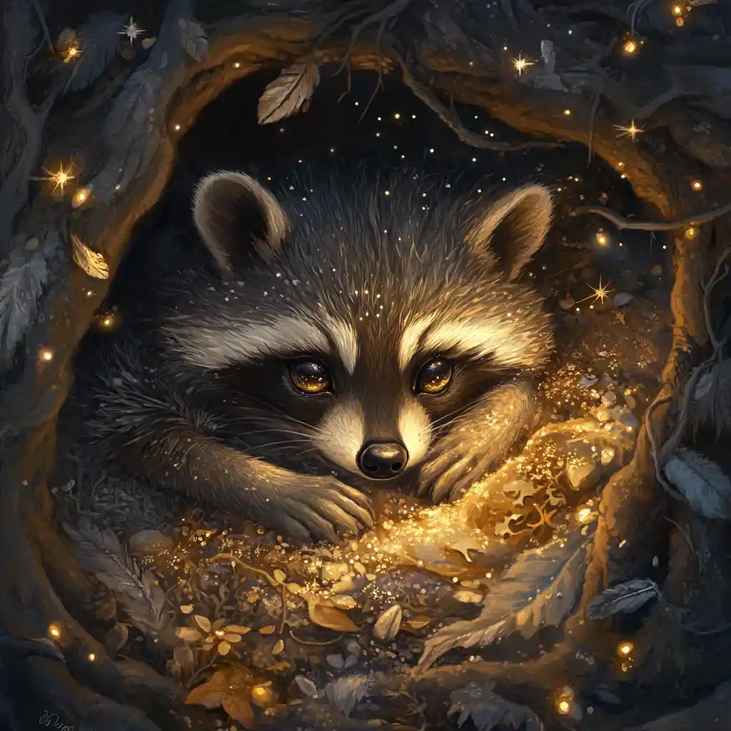 Raccoon Resting In Moonlit Den With Shimmering Fur