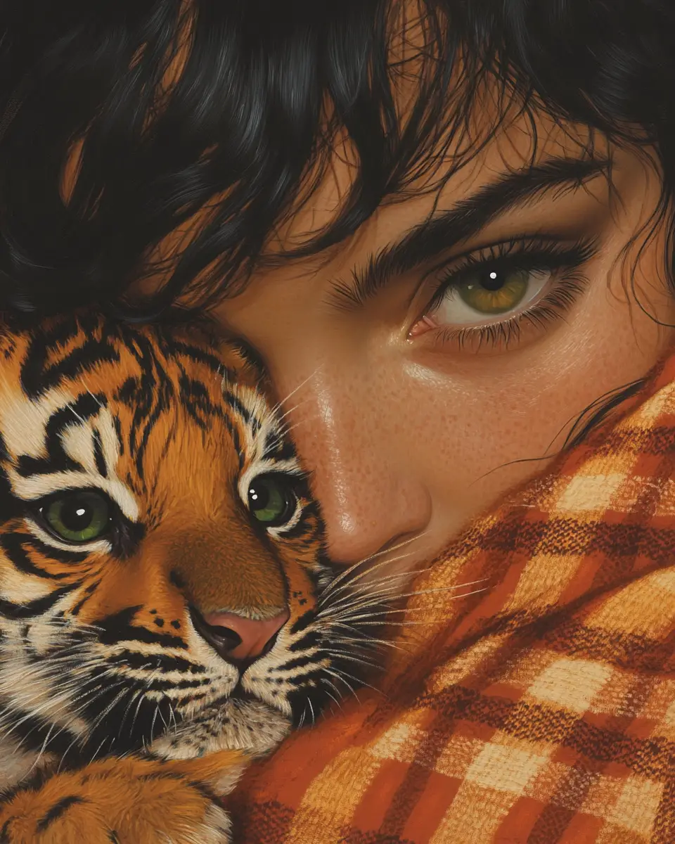 Close up portrait with tiger cub and green eyed person
