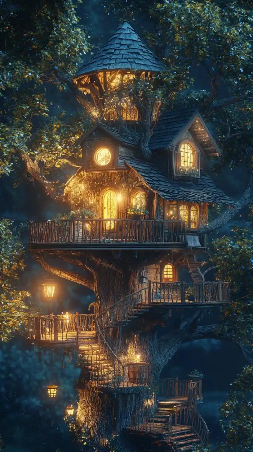 Cozy treehouse nestled high in lush leafy branches