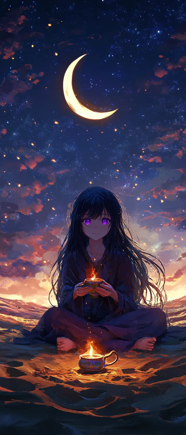 Anime girl sharing tea at a glowing desert oasis