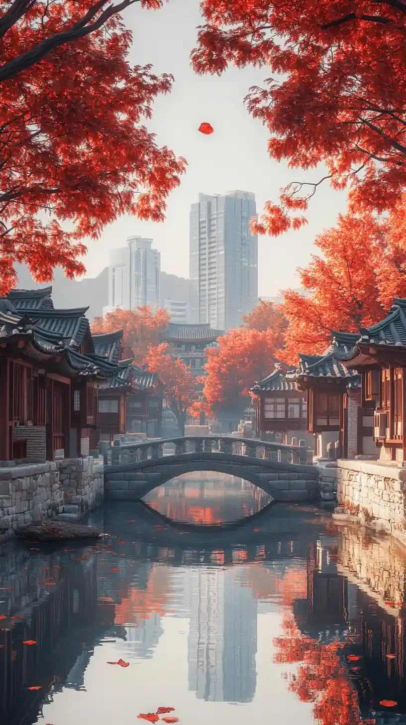 고요한 한국 운하와 돌다리, 도시 스카이라인
