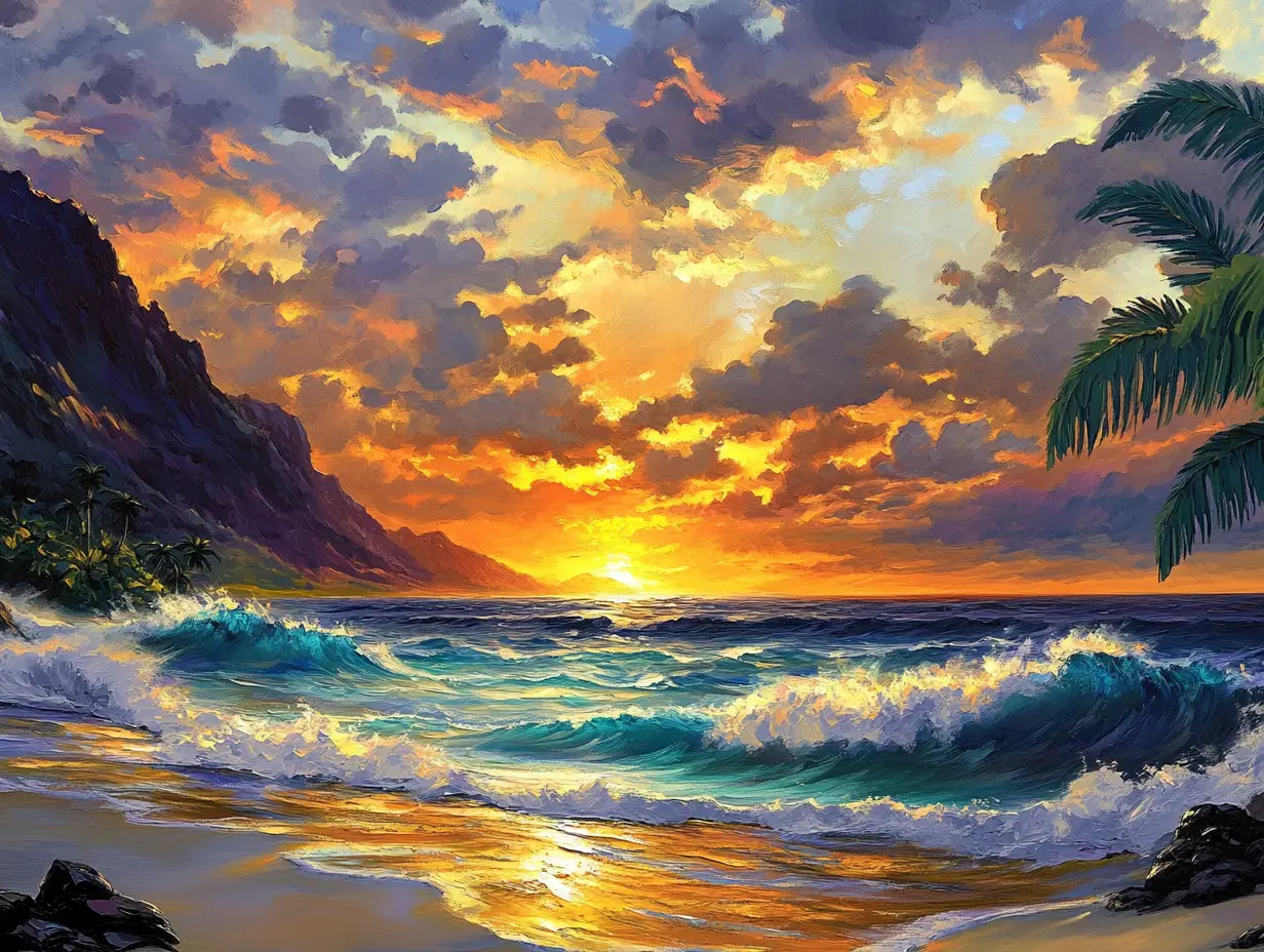 Dramatic tropical sunset over crashing ocean waves