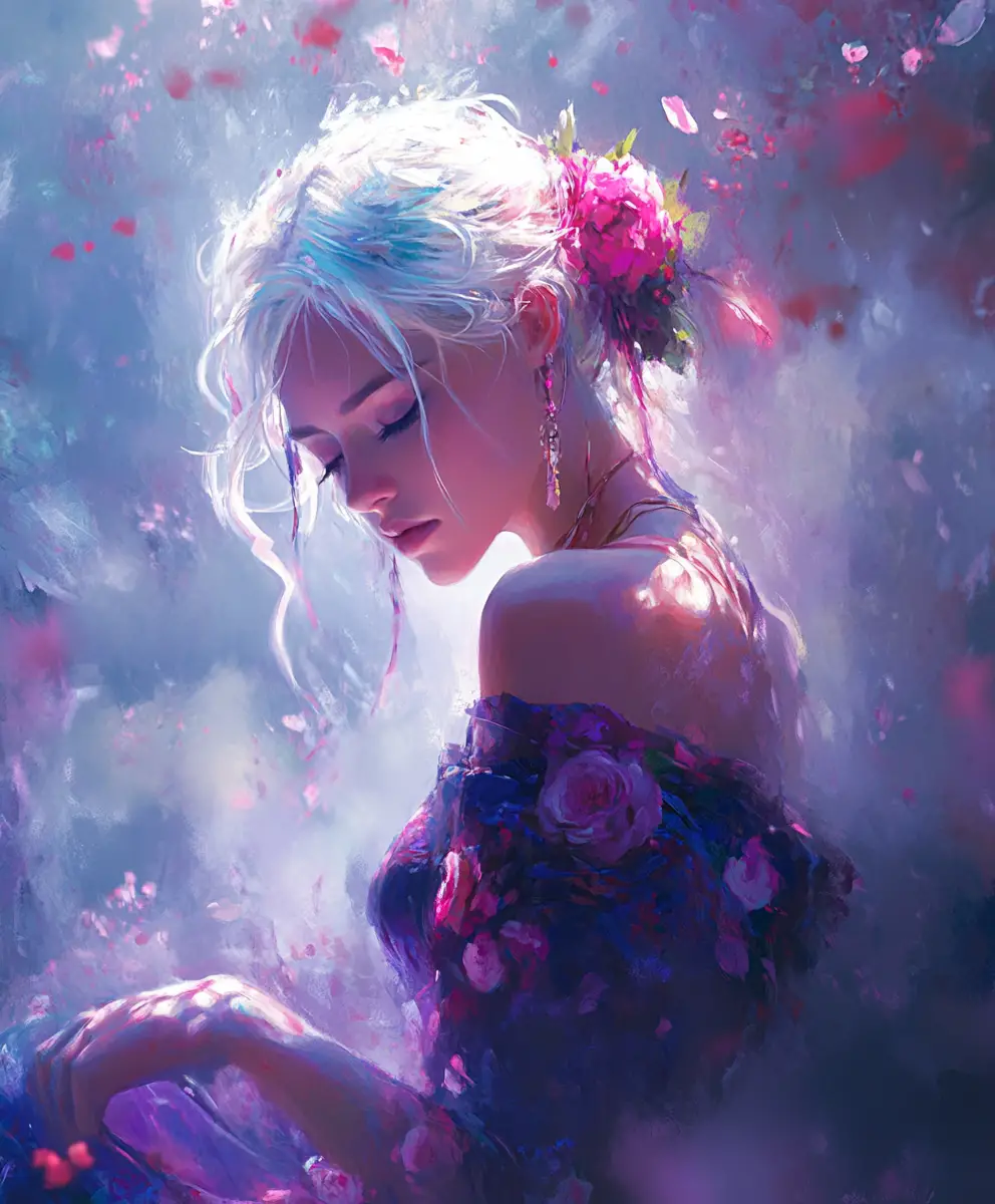 Woman in floral dress in dreamy volumetric light painting