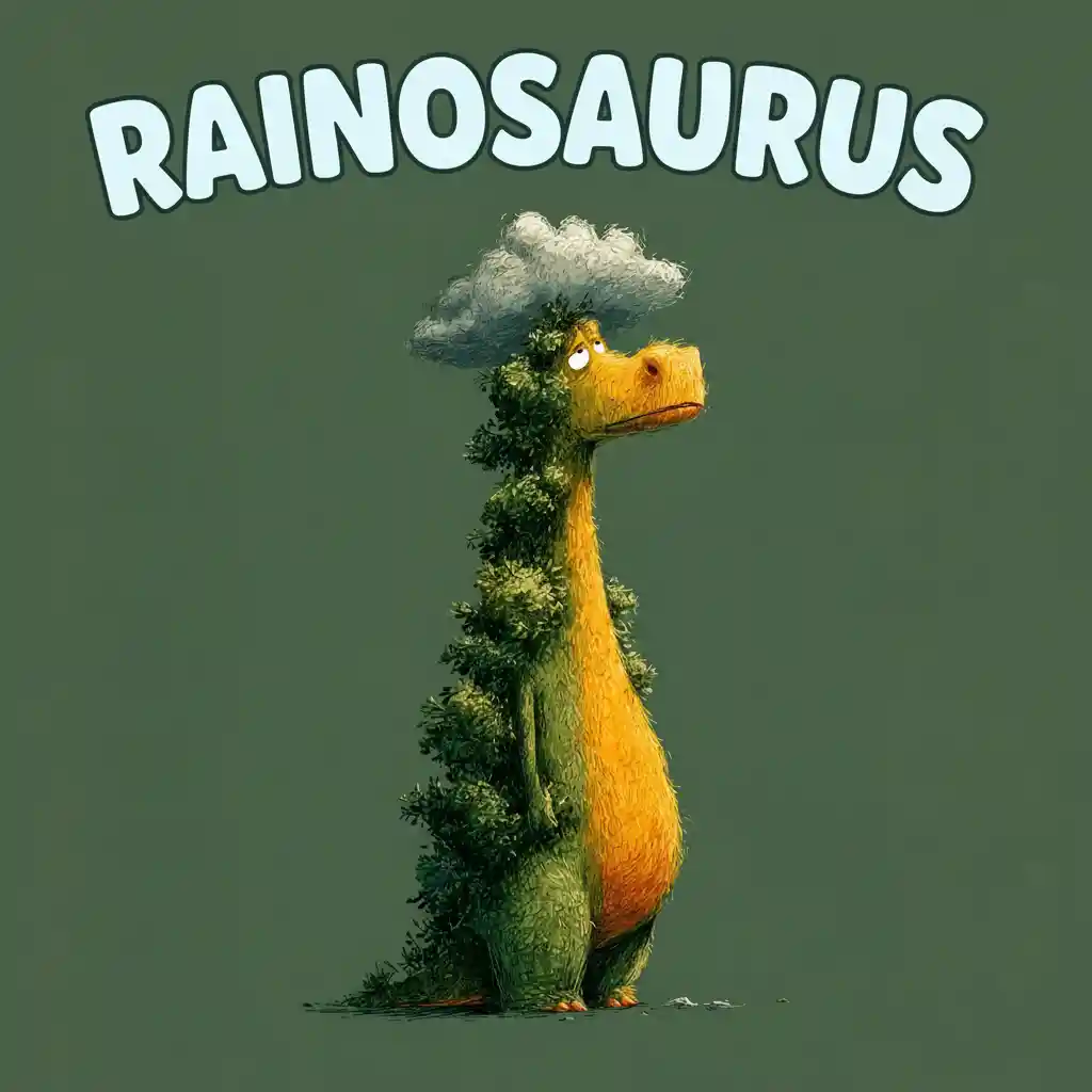 Sad green dinosaur under a small rainy cloud