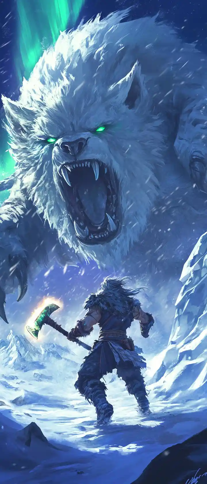 Anime barbarian warrior attacking a towering ice golem