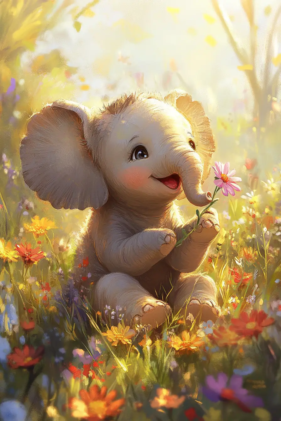 Cute Baby Elephant Sitting In A Sunny Wildflower Field
