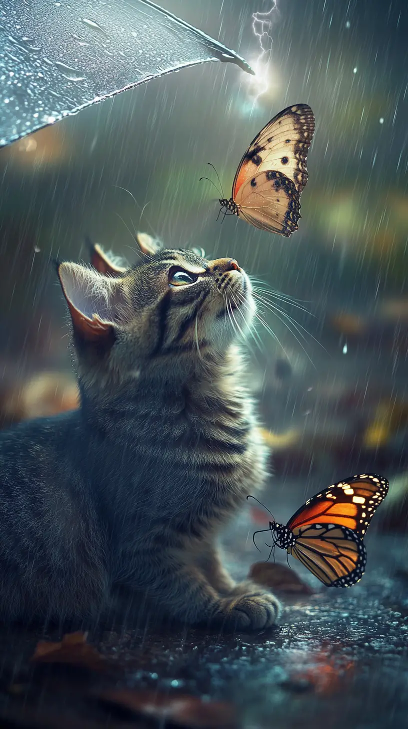 Cat And Butterfly Under Umbrella In Gentle Rain