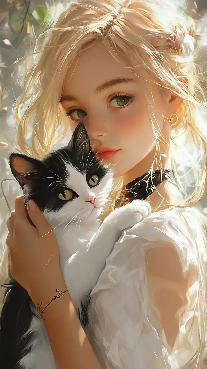 Anime woman holding a black and white cat illustration