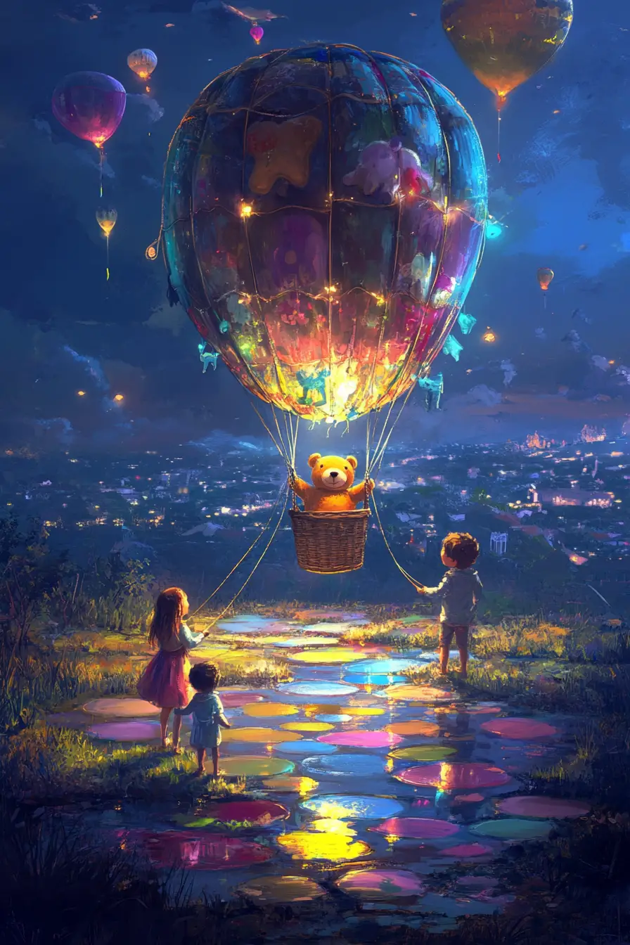 Hot air balloon over rainbow ripples in midnight field
