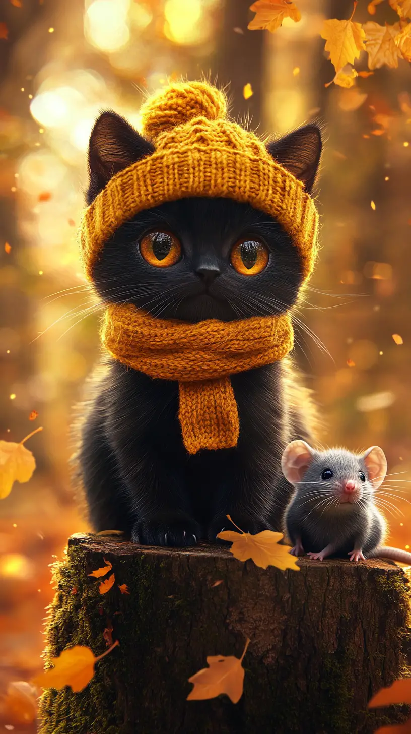 Cute black kitten and mouse in a cozy autumn forest