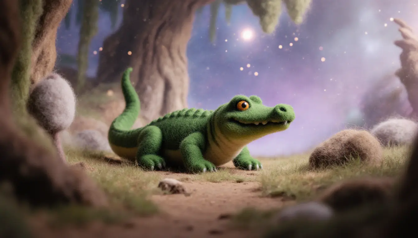Needle felted crocodile in a cozy fairytale woolen world