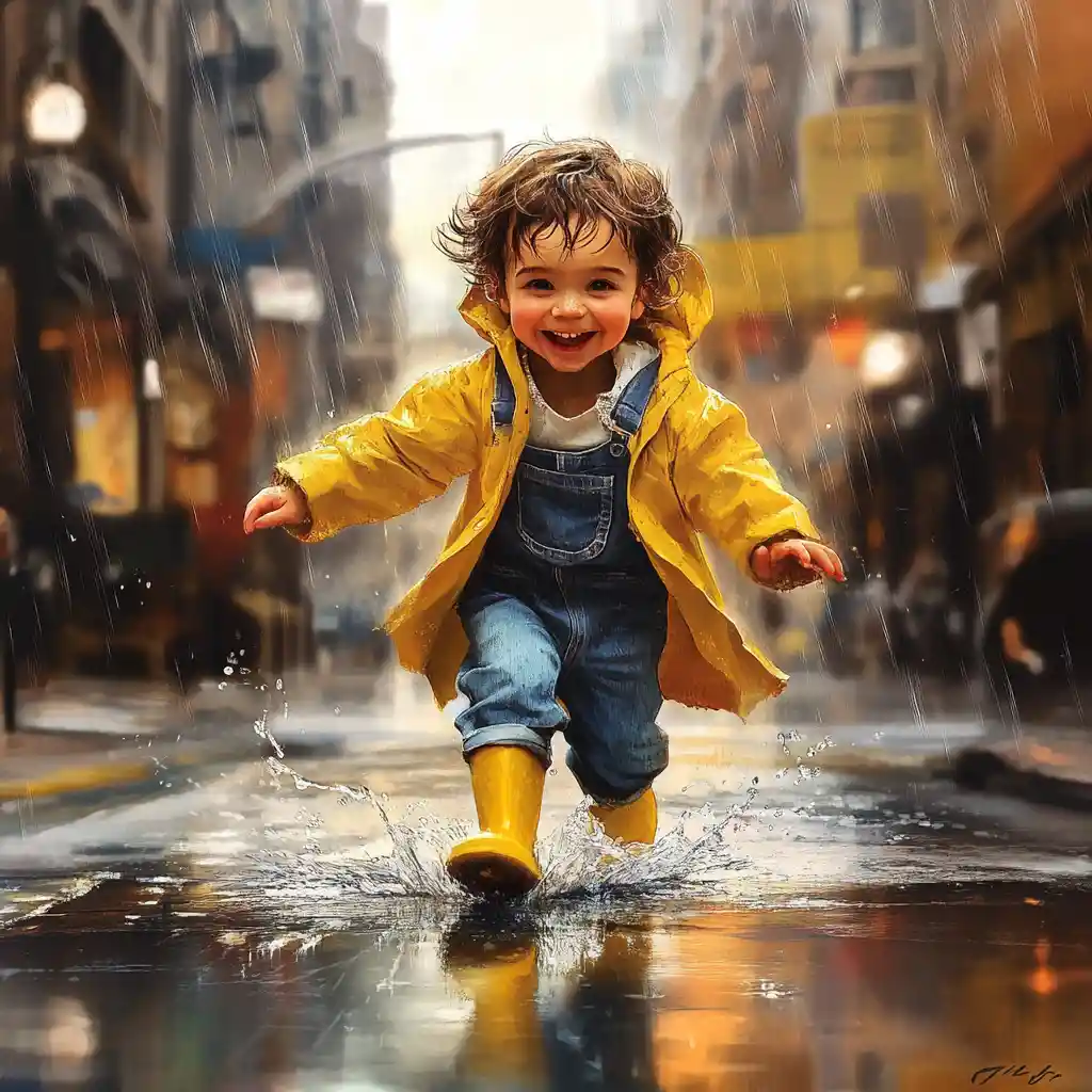 Allegro bambino che gioca nelle pozzanghere in una strada piovosa della città