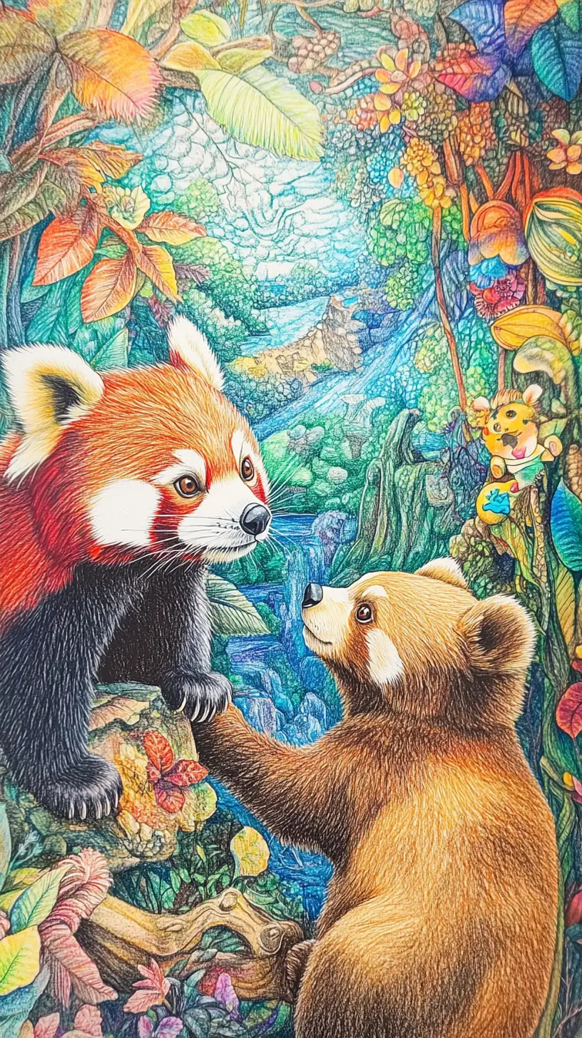 Colorful pencil drawing of a red panda and brown bear