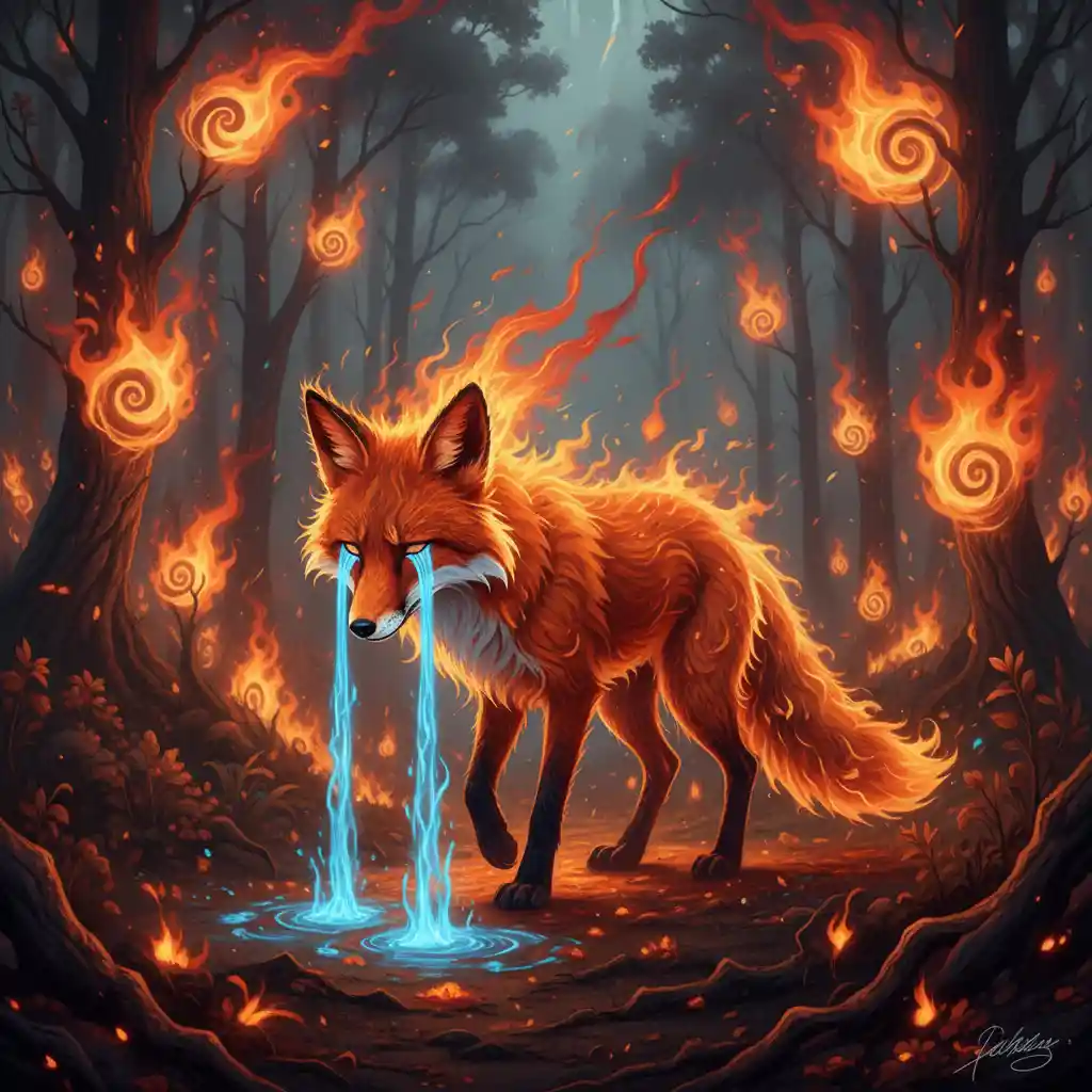 Fiery fox with blue eyes in a burning surreal forest