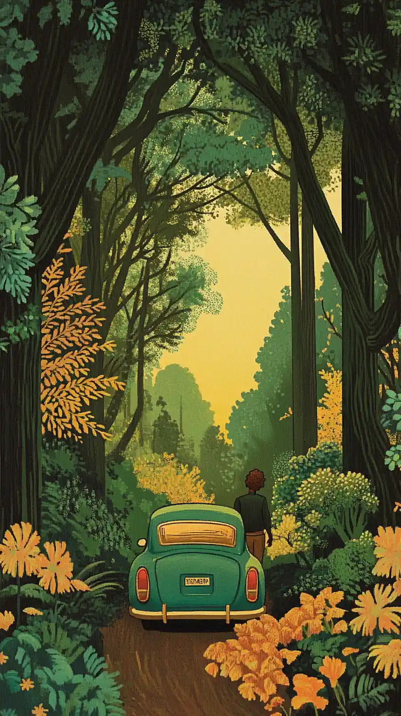 Dominican man in a dreamlike car within a forest