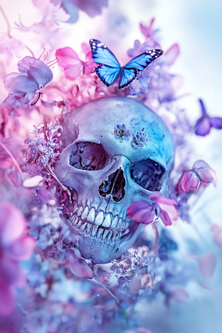 Watercolor skull with flowers and blue butterflies illustration