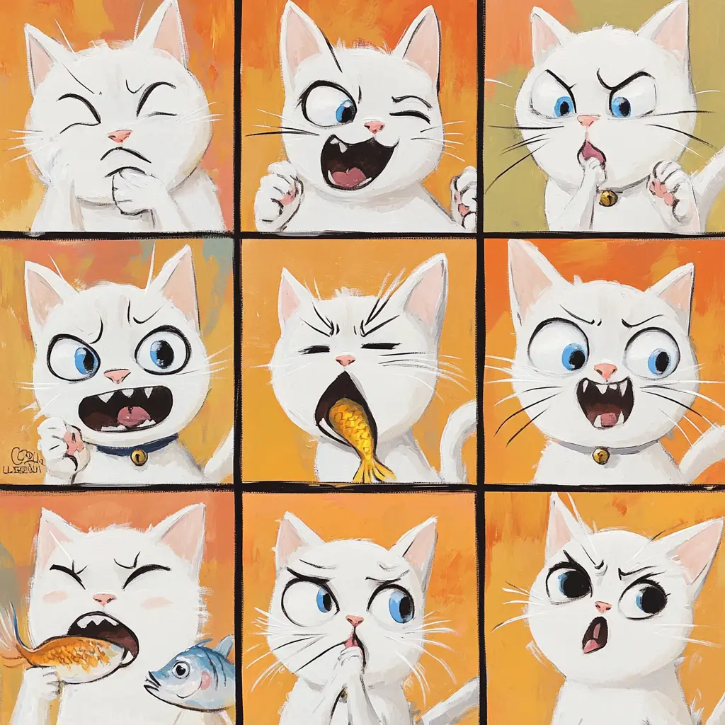 Nine silly white cartoon cat faces in playful grid