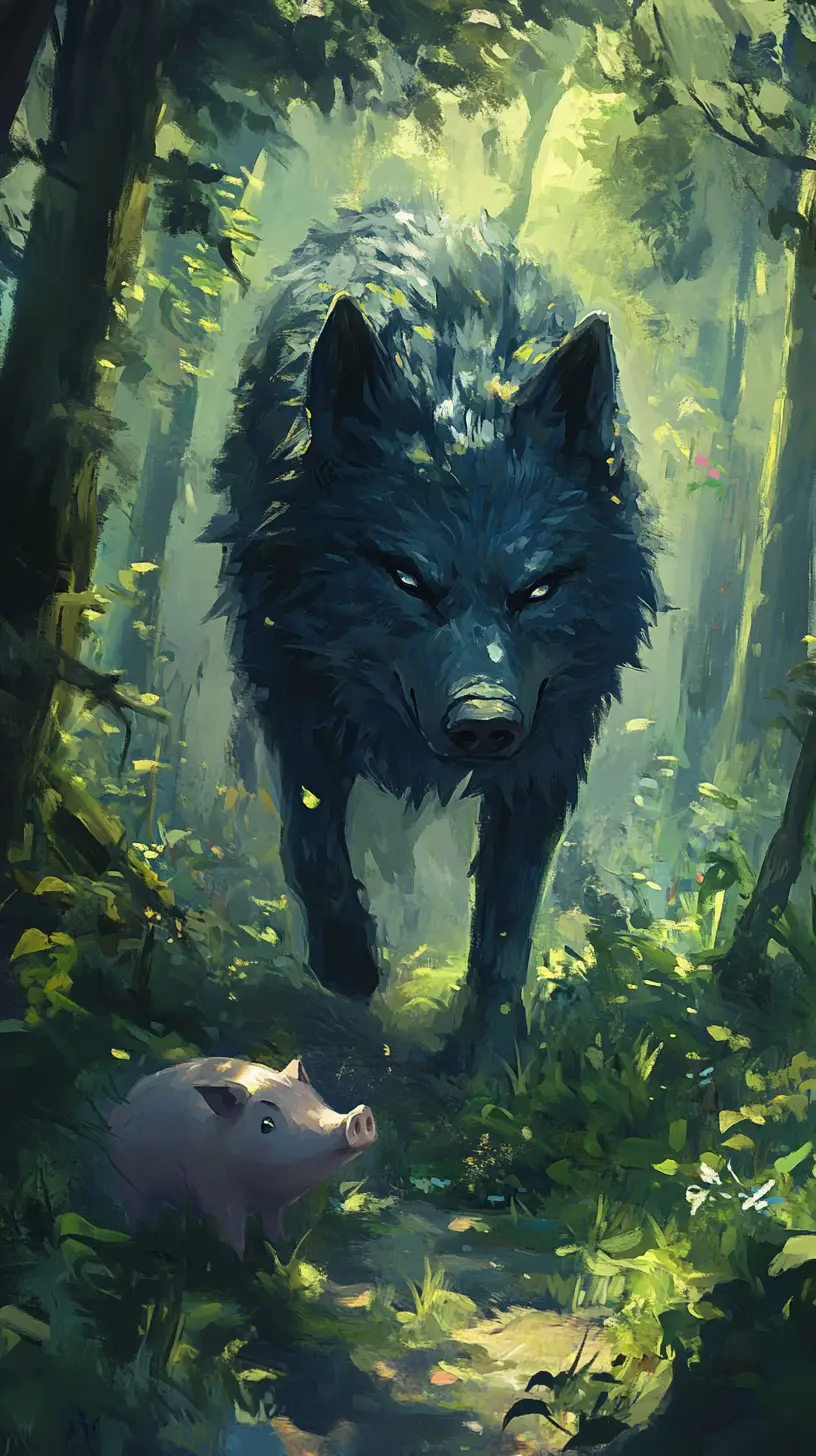 Blue wolf painting in a mysterious forest scene