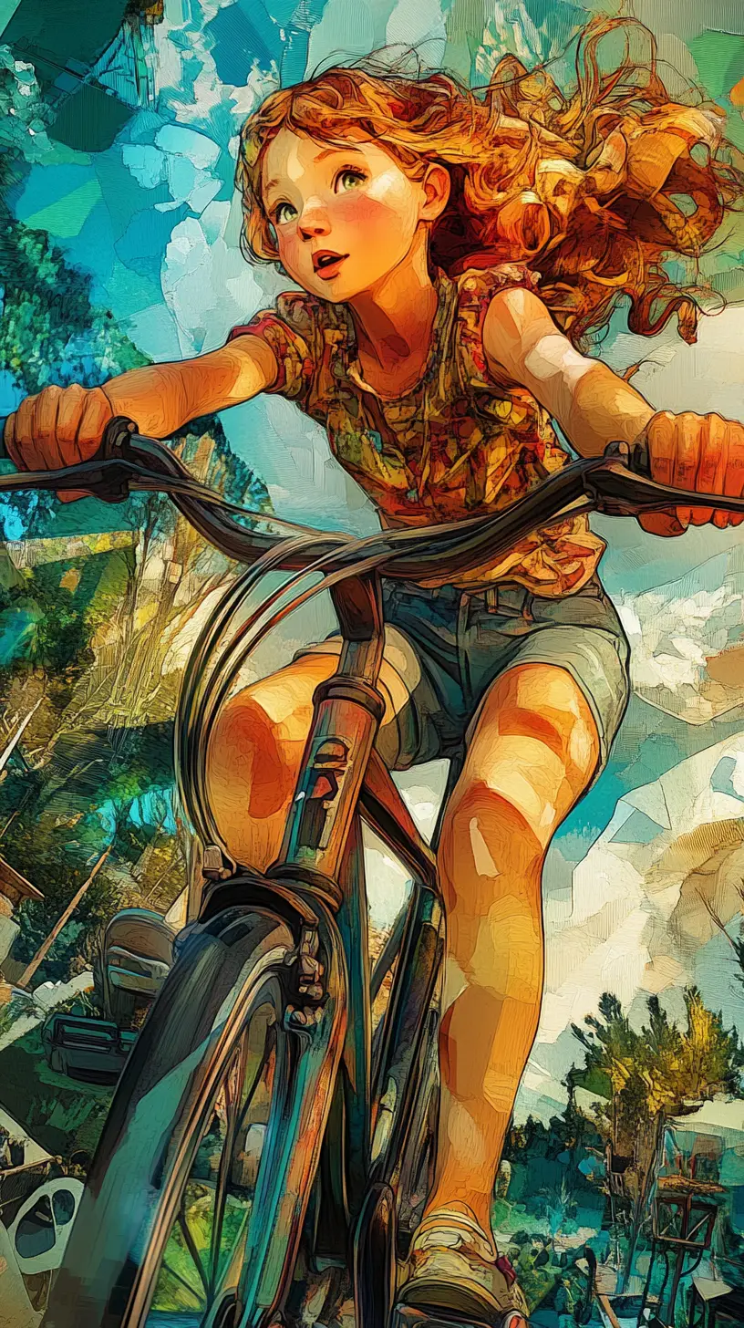 Anime girl on bicycle in a bright farm scene