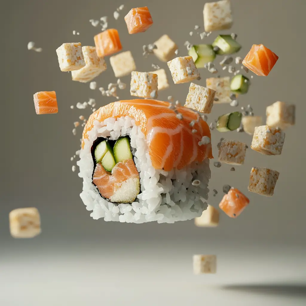 Minimalist sushi roll transforming into floating pixel cubes