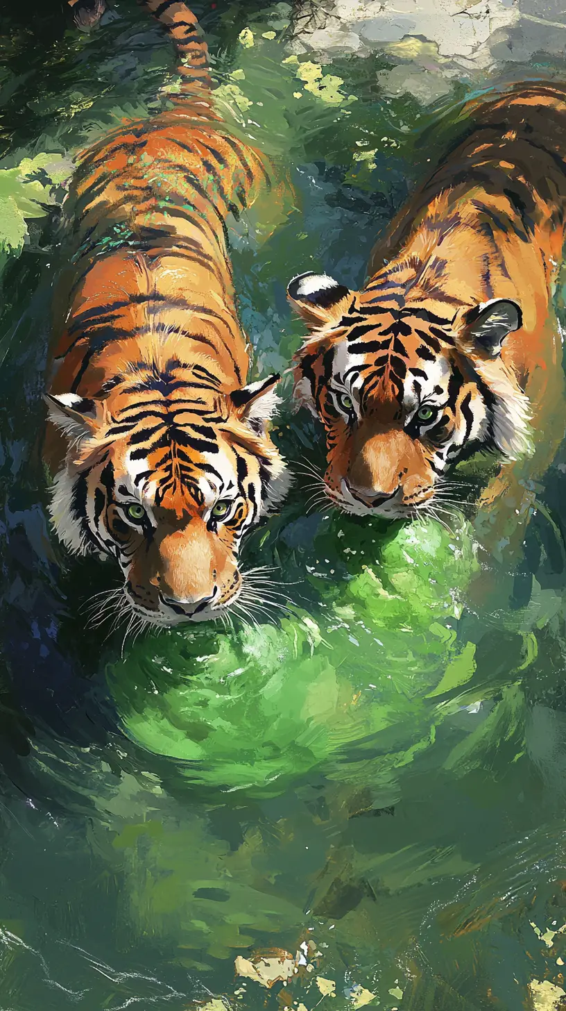 Two tigers drinking in a green water pool painting