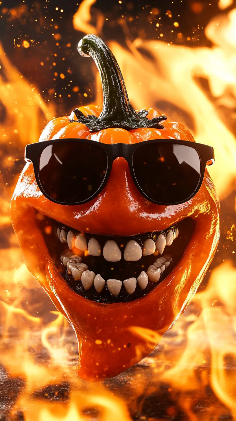 Smiling Carolina Reaper Pepper In Flames With Sunglasses
