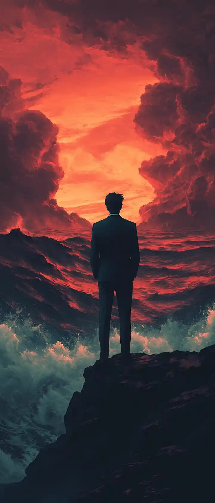 Man In Suit On Cliff Overlooking Stormy Ocean At Sunset