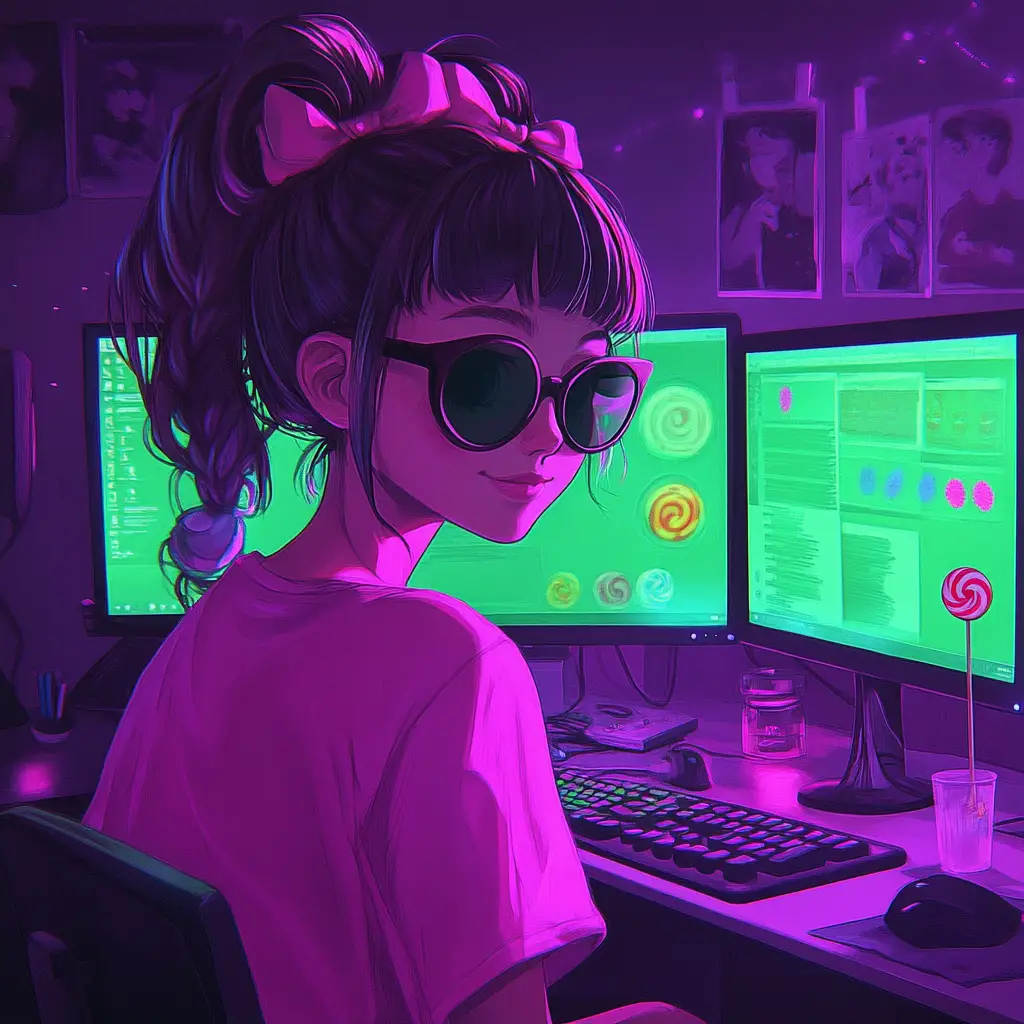 Anime girl with candy hair in a cozy computer room