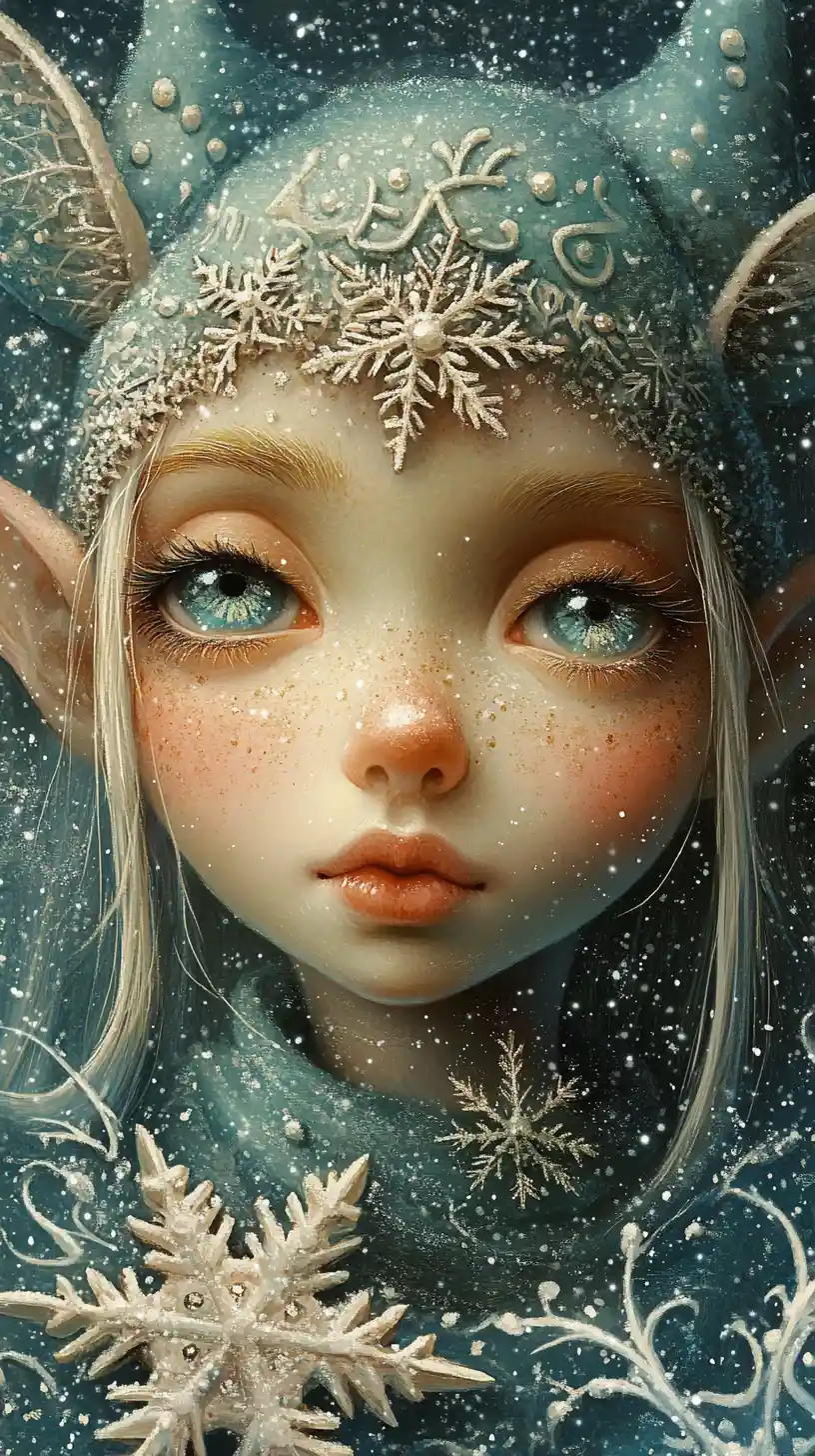 Whimsical winter elf portrait in a surreal snowscape