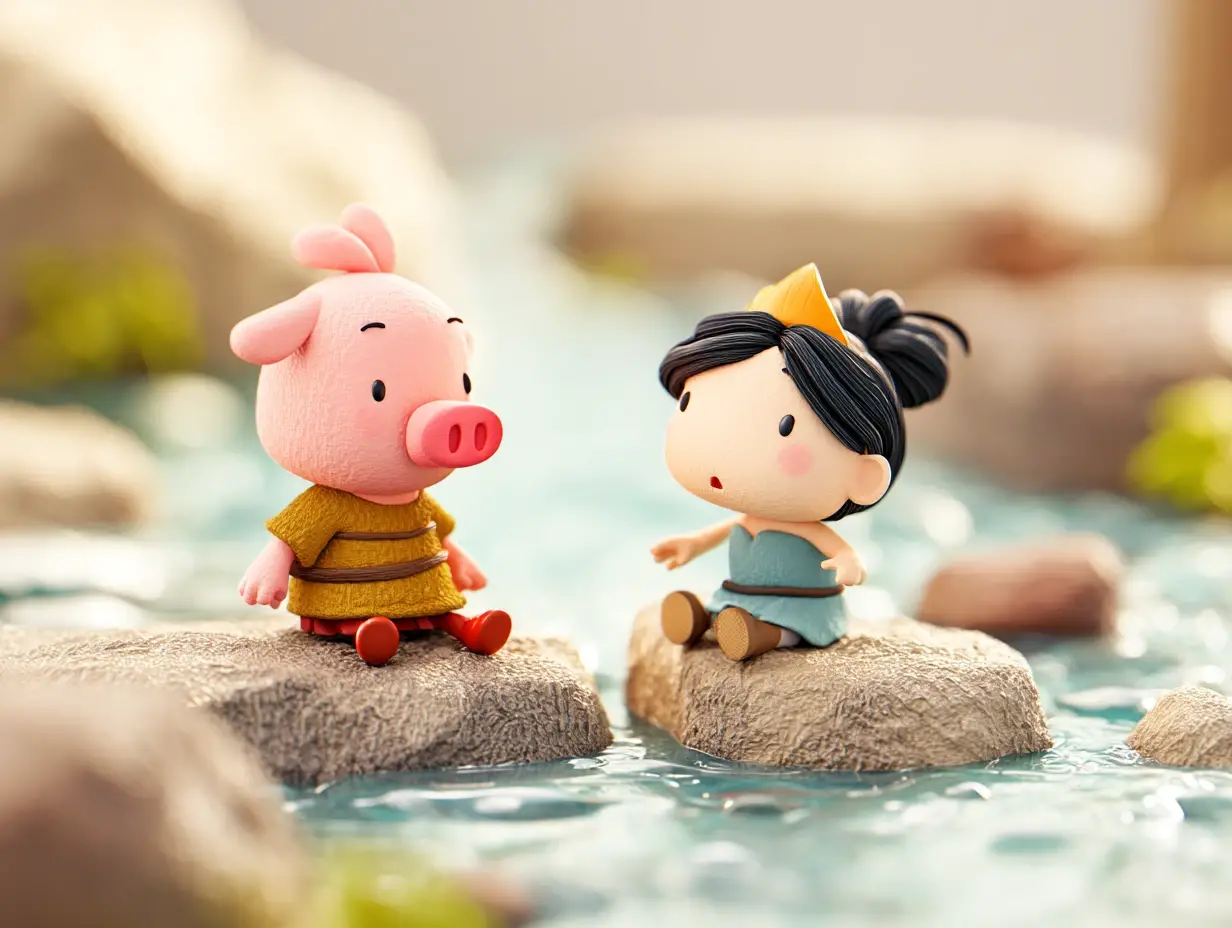 Claymation Asian Girl With Piglet By A Quiet River