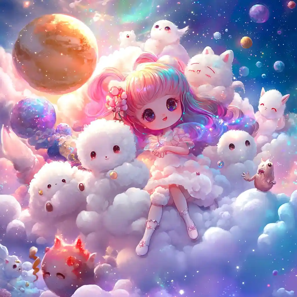 Chibi fairies and puppies in a dreamy space wonderland