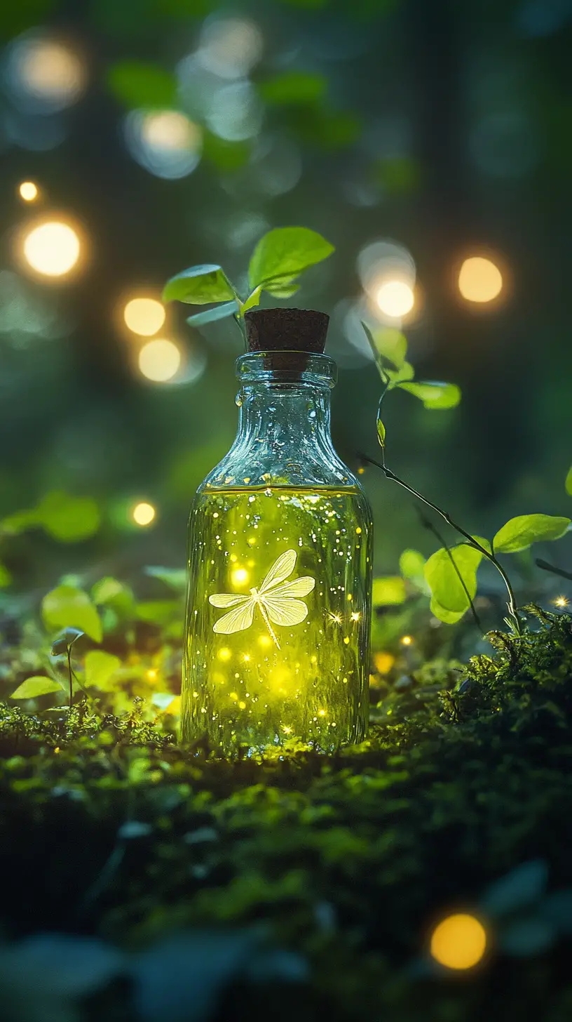 Close up of a glowing bottle among fireflies in forest