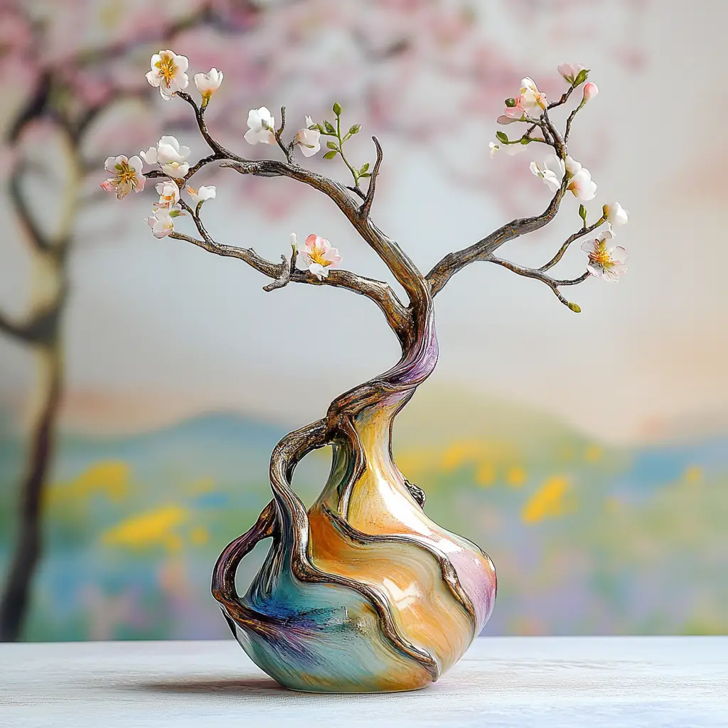 Decorative vase with delicate spring blossoms in meadow