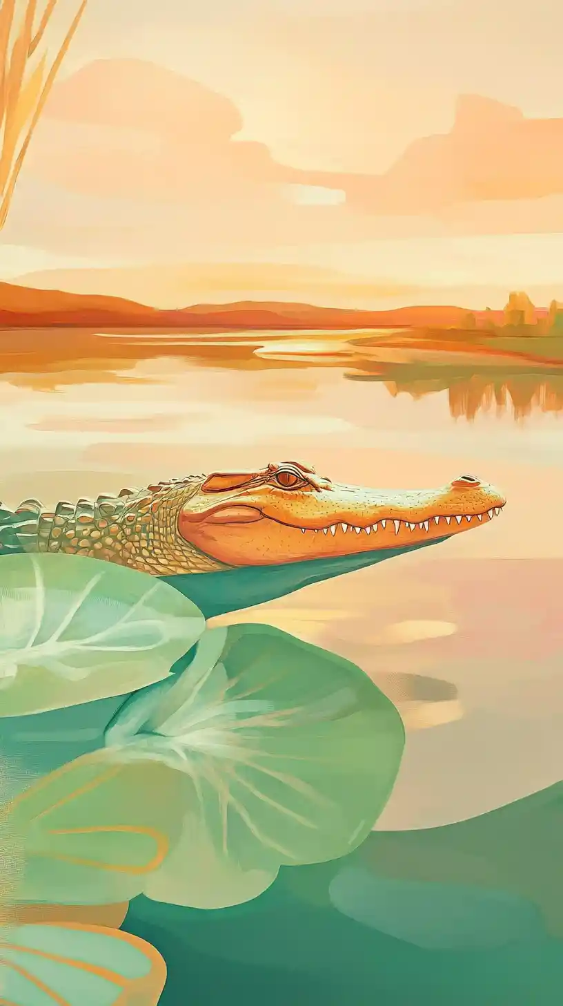 Epic alligator marching through vibrant cosmic golden hour