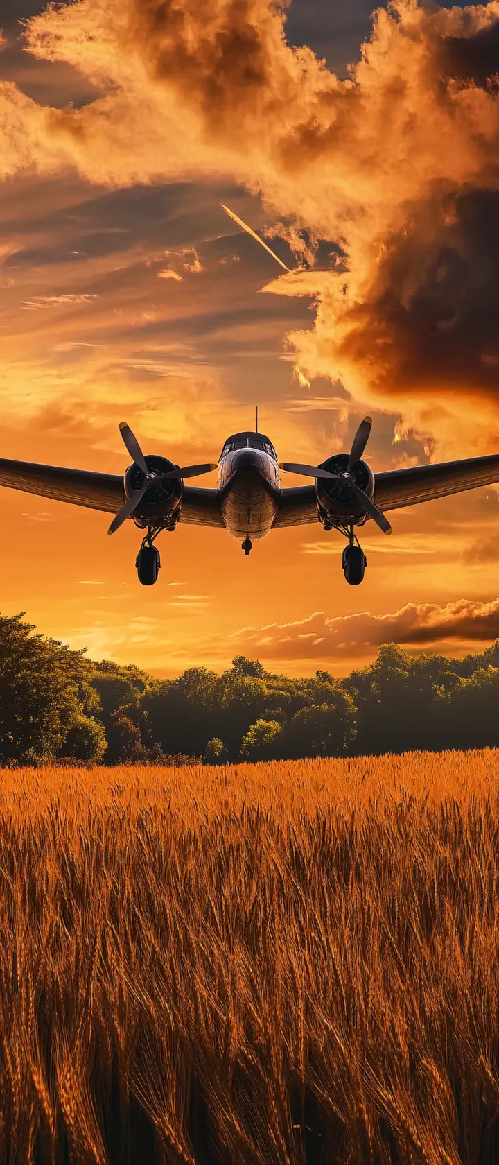Vintage warplane over golden wheat at radiant sunset