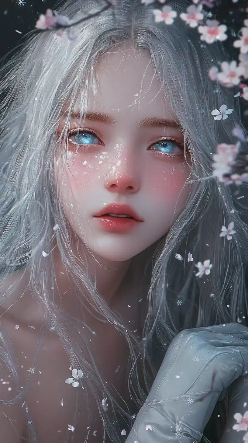 Silver haired winter girl with icy blue lightning eyes