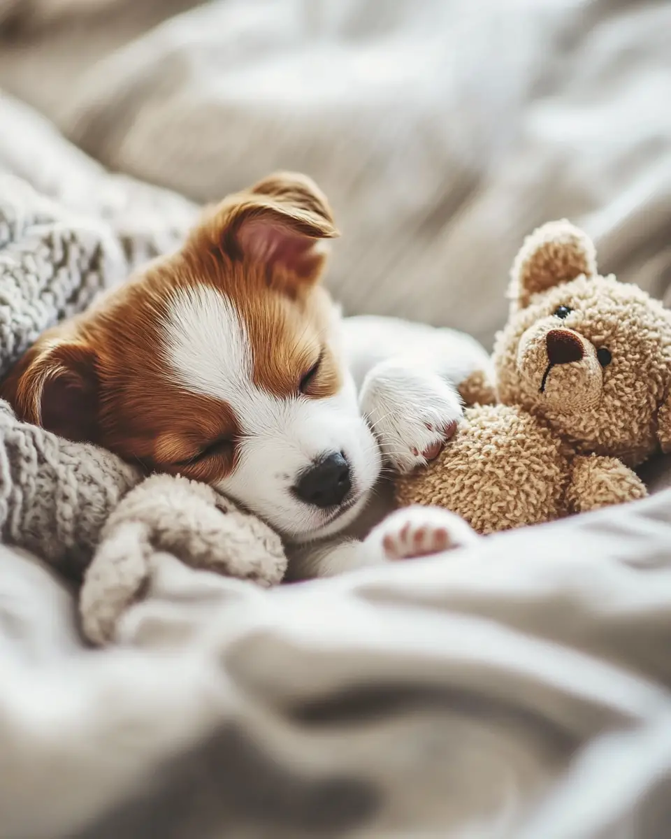 Sleeping puppy cuddling a teddy bear on a cozy bed