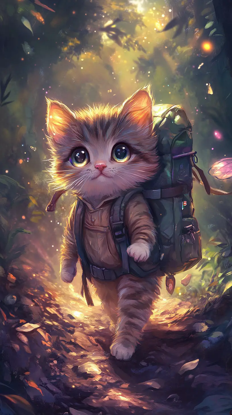 Cute fantasy kitten hiking along a glowing forest trail
