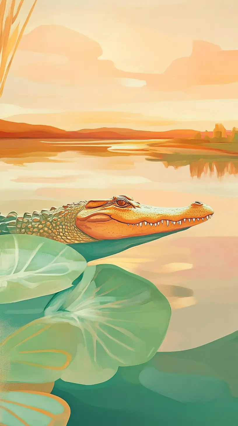 Epic alligator marching through vibrant cosmic golden hour