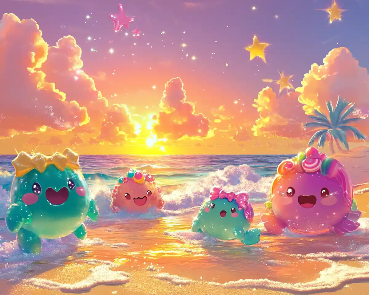 Spiaggia anime al tramonto con dolci tartarughe marine