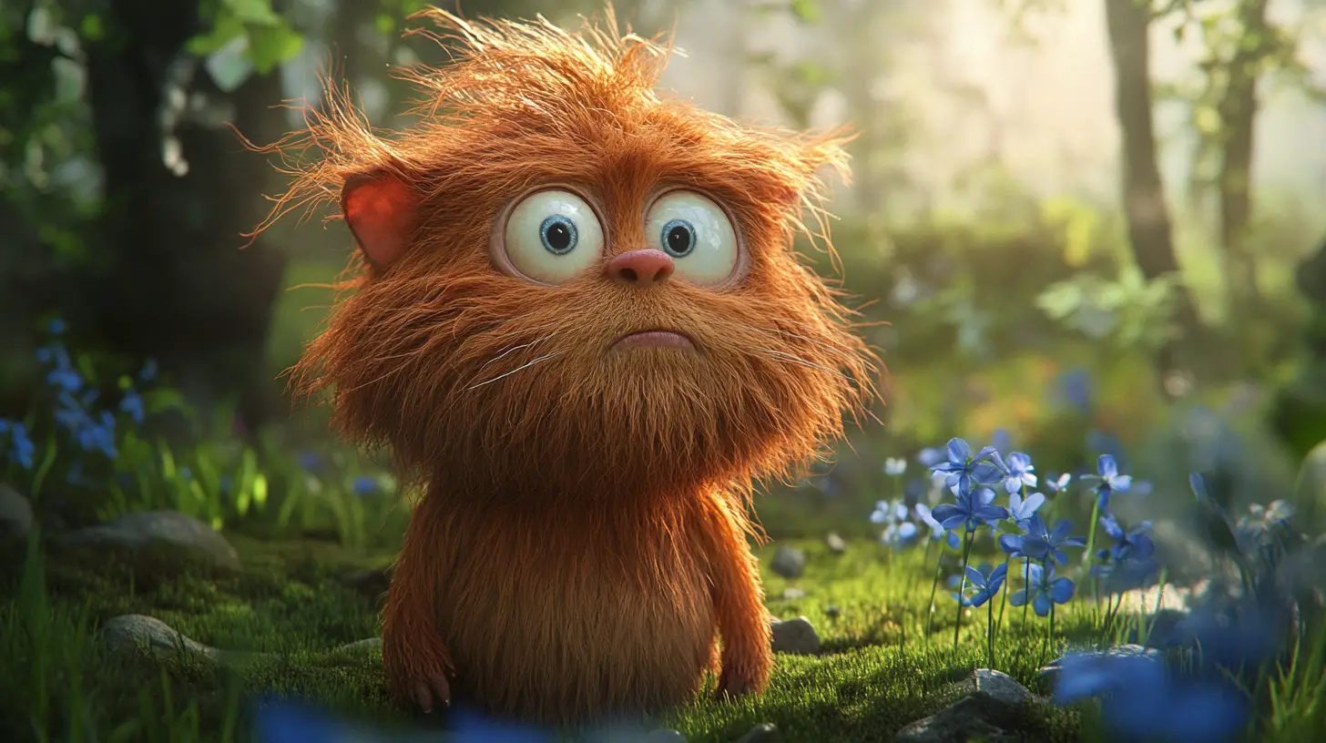 Whimsical red furry creature in a bright forest