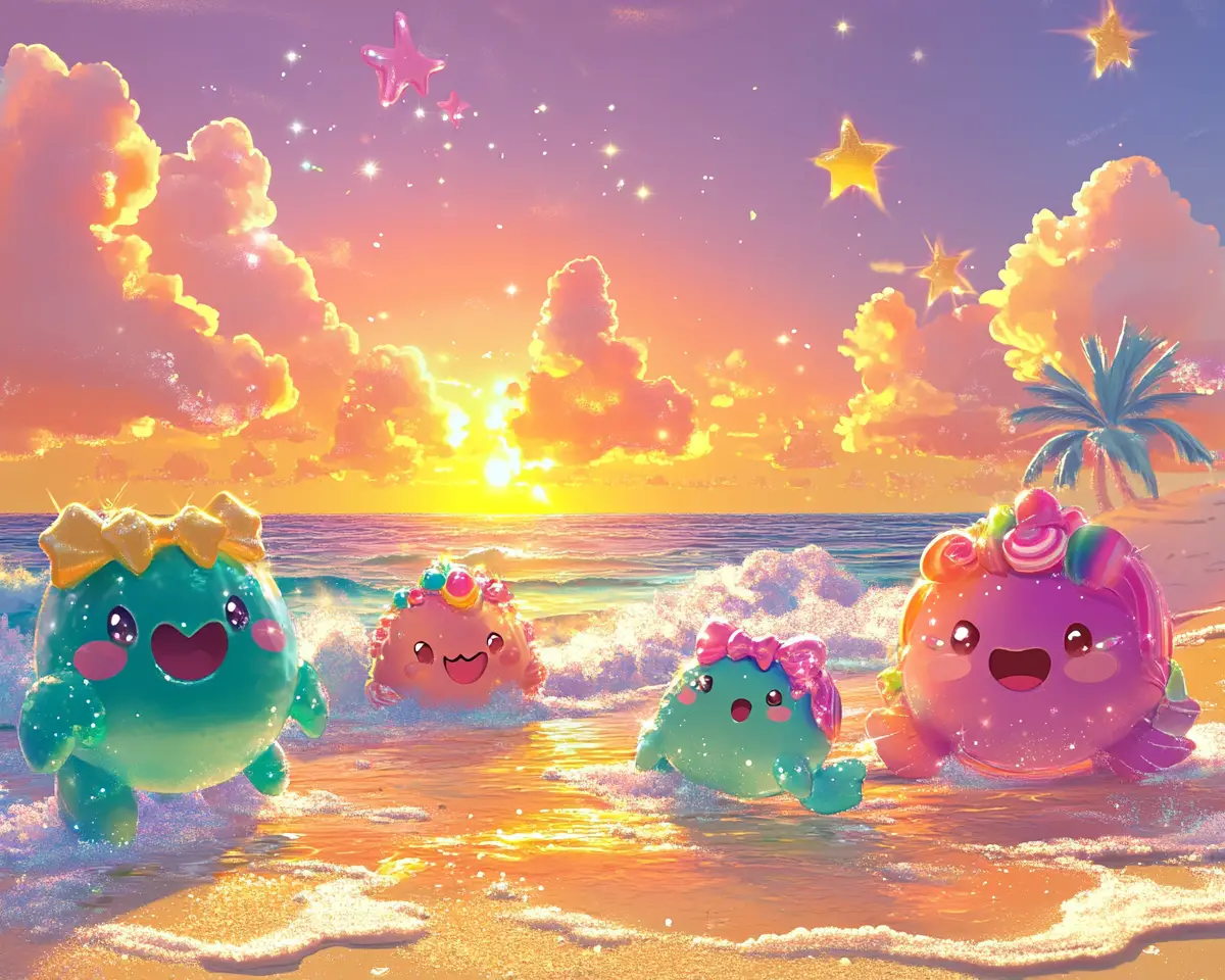 Anime beach at sunset with cute sea turtles