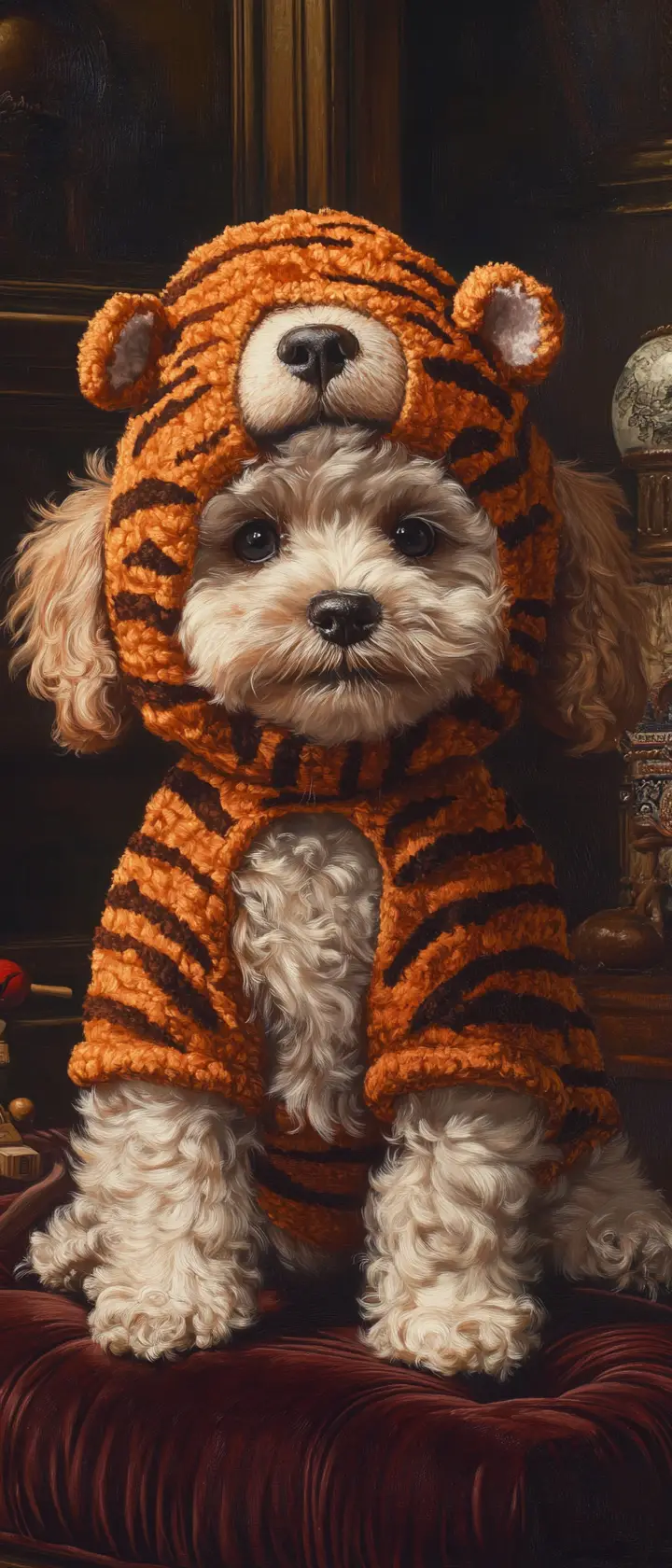 Fluffy puppy in tiger costume on velvet cushion