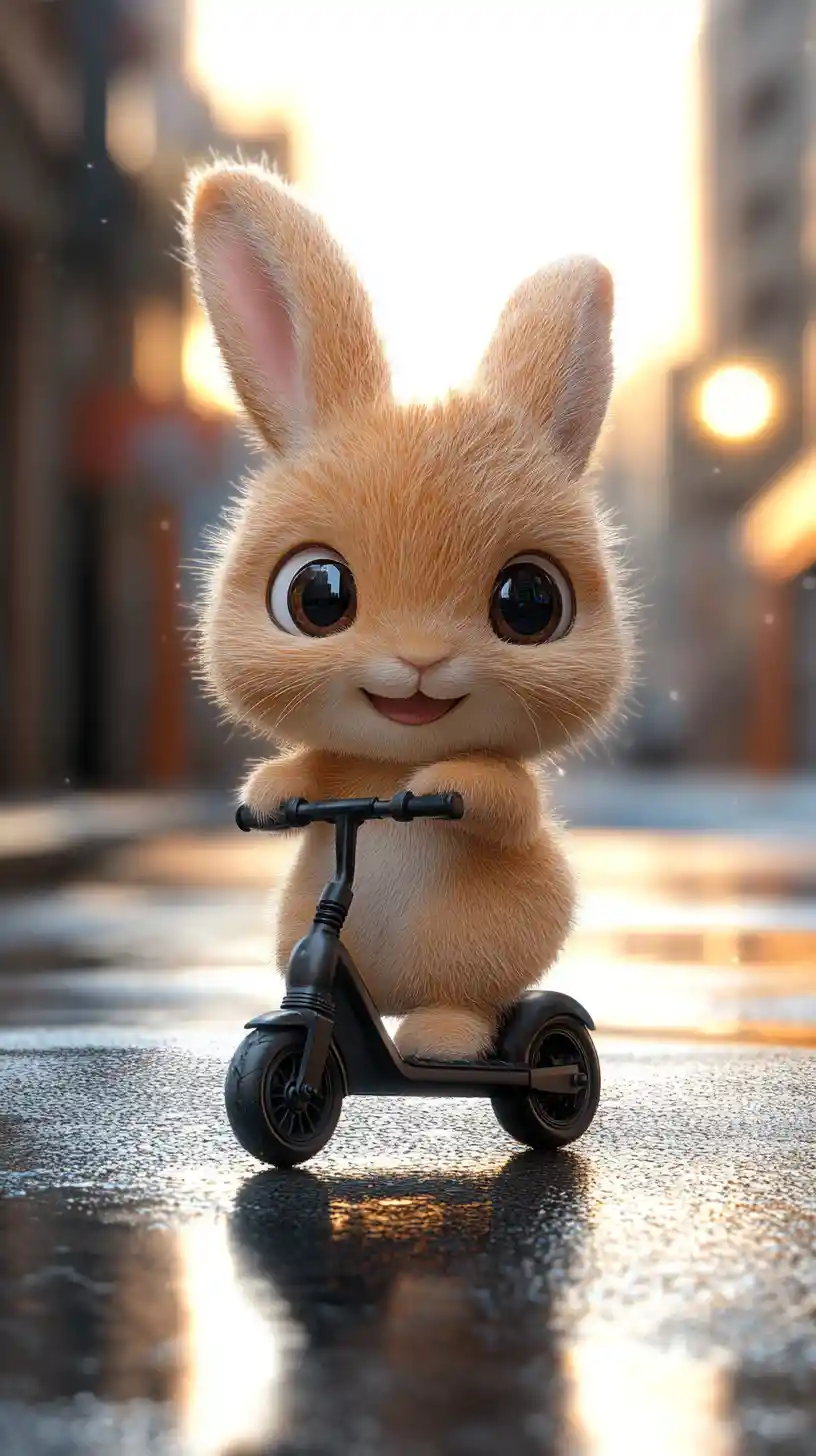 Cute baby rabbit riding a scooter on city street