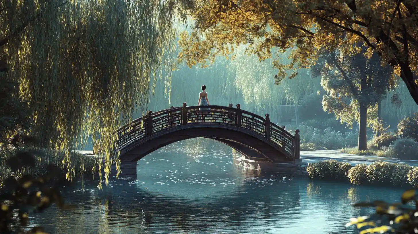 Teenage girl on a fragile glass like bridge at night